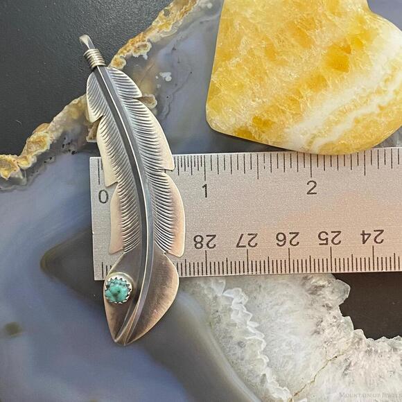 Billy Long Native American Sterling Oxidized Feather w/Turquoise Unisex Pendant - Picture 9 of 10